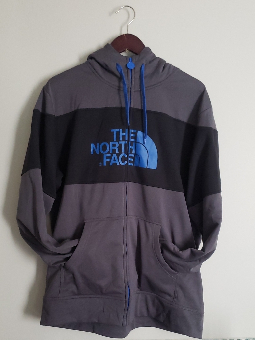 The North Face Gray & Black Hoodie with Blue Logo and Drawcords